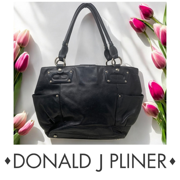 Donald J. Pliner Black Lamb Leather East West Satchel Tote Shoulder Bag Purse - Picture 1 of 13